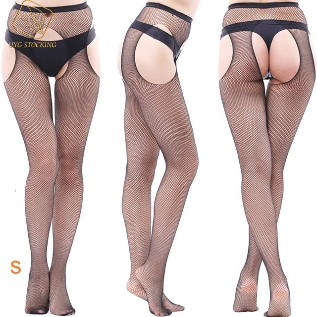 UYW Open Crotch on All Sides Fishnet Stockings Womens High Waist Tights Sexy Sheer Mesh Pantyhose