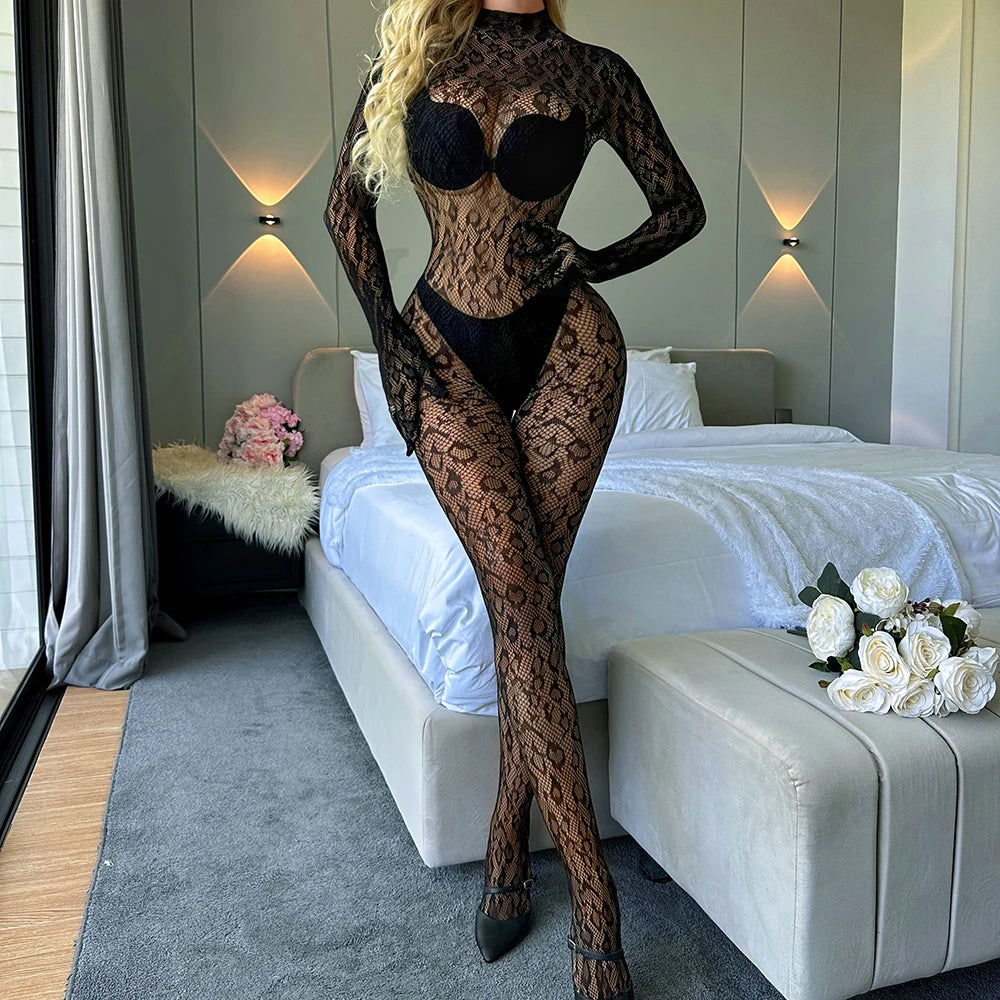 Spandex Nylon Lingeries Set Animal Print Leopard Full Body Stockings Sexy Fishnet Bodysuits Onesie Fishing Net Bodystocking