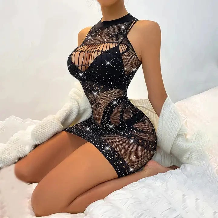 Drilling Shiny Mesh Clothing Erotic Lingerie Cross-Border Fishnet Rhinestones Bodysuit Sparkle Black Mature Bodystocking