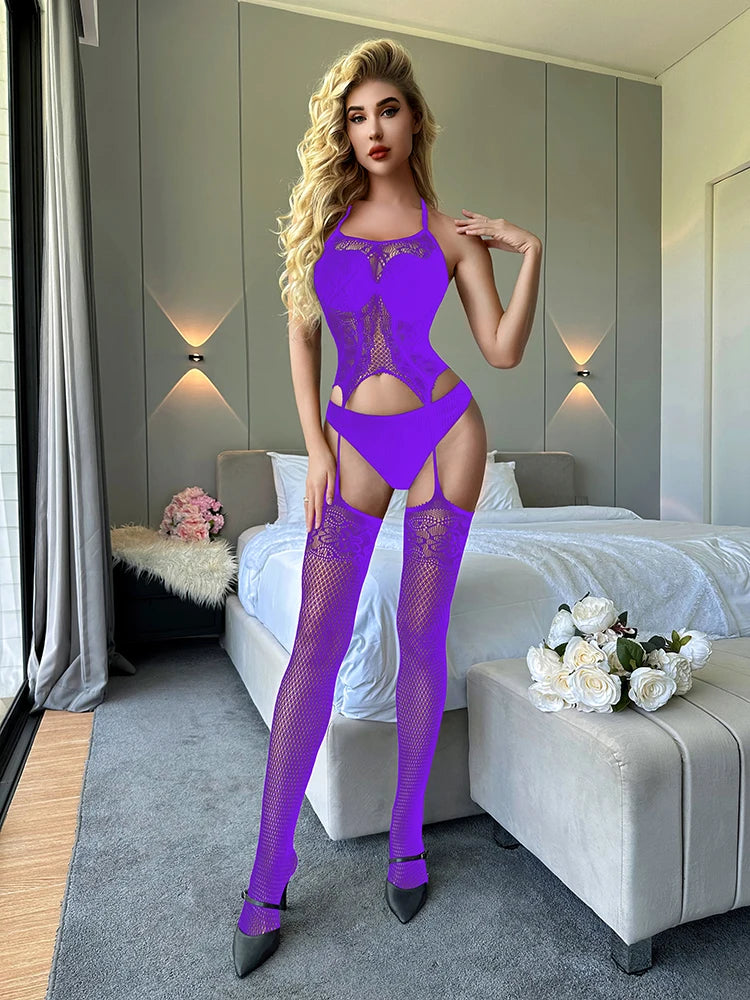 Women Hosiery Mesh Bodysuit Lingerie Femme Sexy Crotchless Garter Belt Body Stocking Sexy  Hollow Out Bodystocking