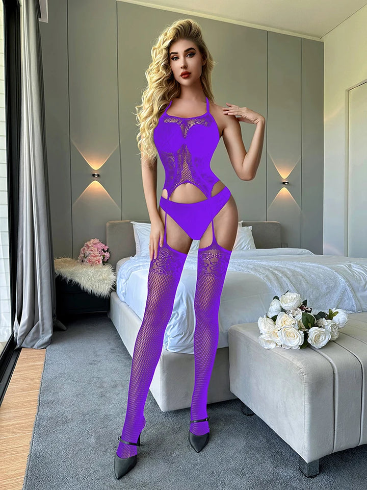 Women Hosiery Mesh Bodysuit Lingerie Femme Sexy Crotchless Garter Belt Body Stocking Sexy  Hollow Out Bodystocking