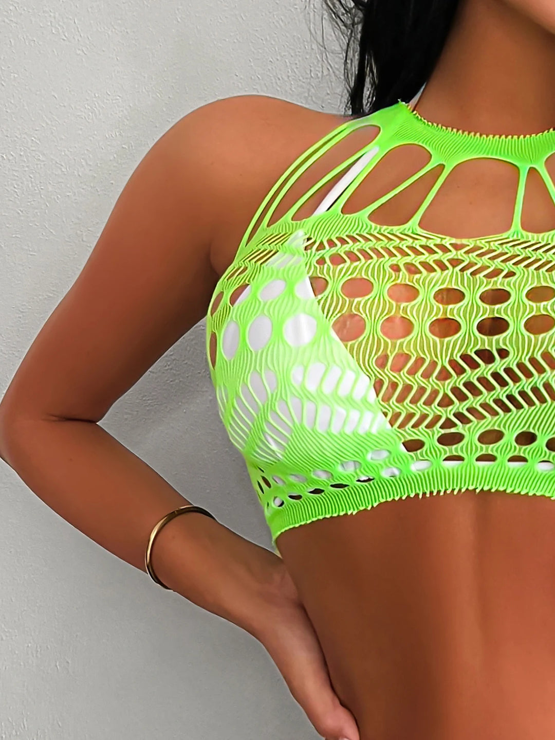 Neon Green Women Sexy Baby Dolls Cutout Floral Stockings Full Body Sexy Erotic Dancewear Party Club Dress Two Piece