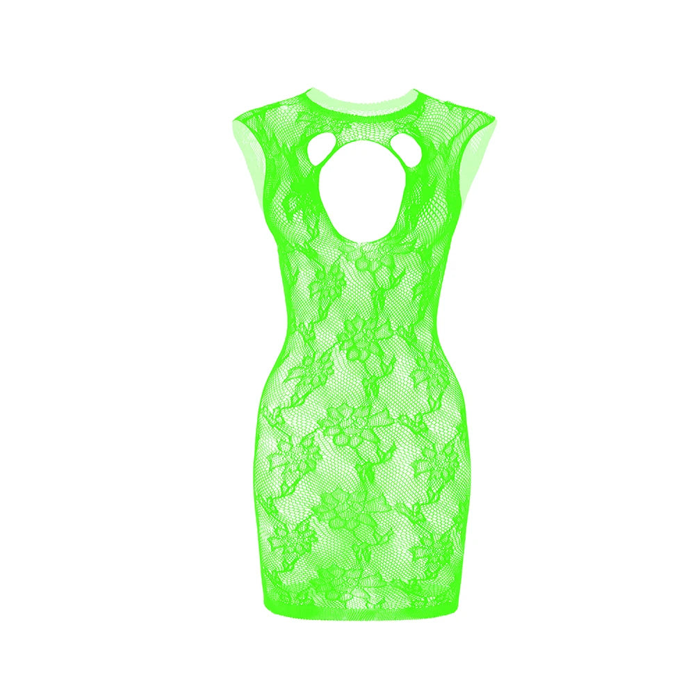 Retro Style Hollow Out Babydoll Bodystocking Fishnet Bodycon Midi Dress Chemise See Through Lingerie Set Ladies
