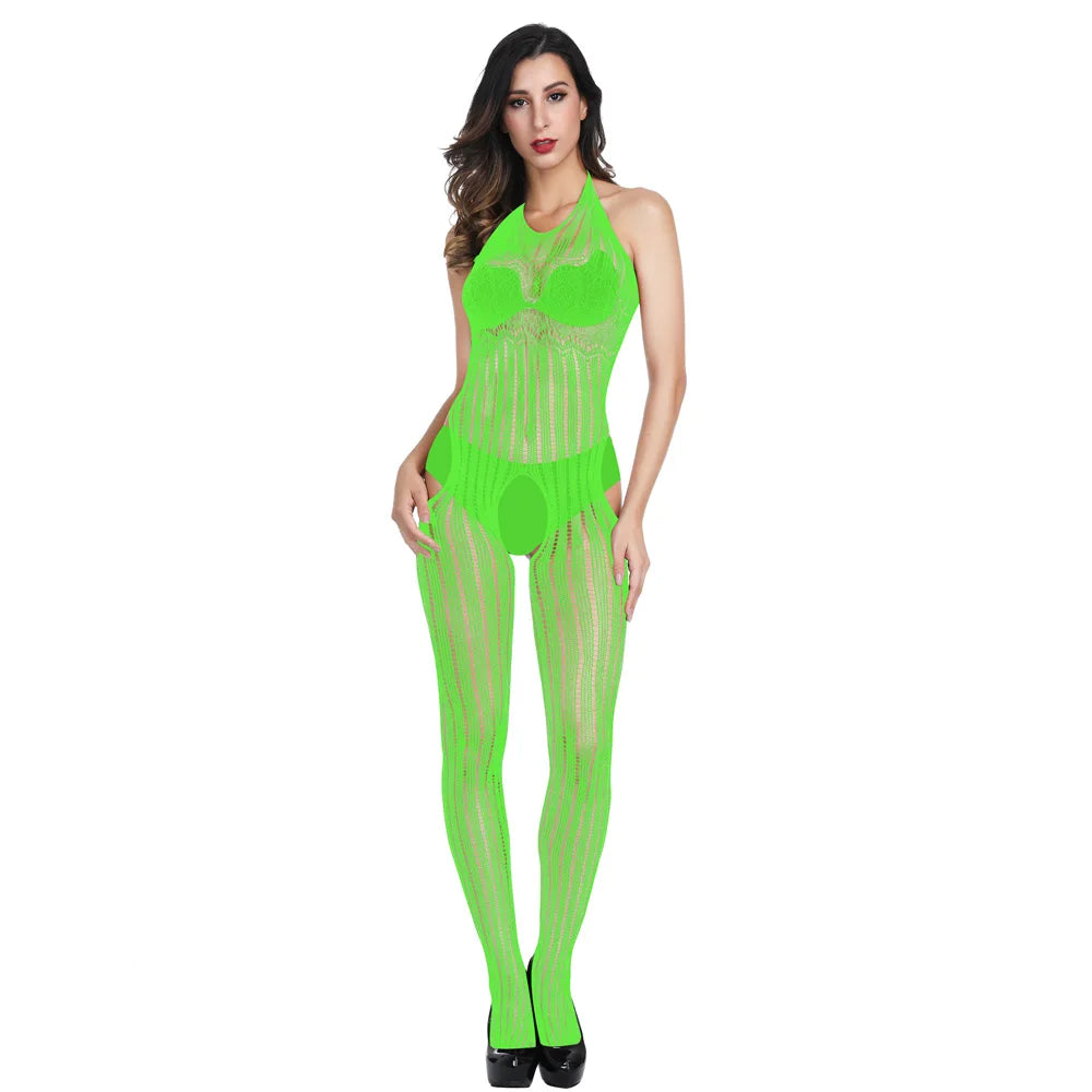 Sexy Halter Full Body Stocking Lingerie Femme Sexy Black Lace Cutout Transparent Bodystocking Open Crotch Stockings