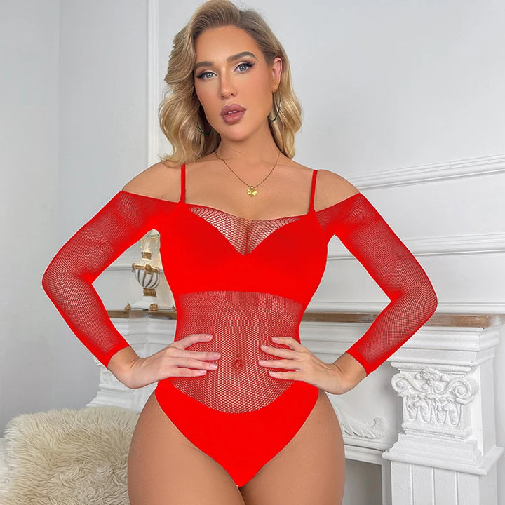 2023 Fish Net Hollow Out Swimwear Bikini Beach Wear Cover up Ladies Slim Dresses Long Sleeve Bodysuit Lingerie