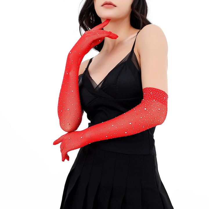 2025 Wholesales Sexy Black Fishnet Gloves with Rhinestones Great Elastic Gothic Mesh Thin Knitted Weave for Party Tzs216