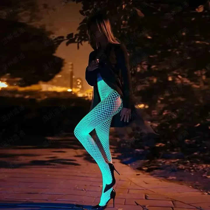 Halloween Glow in the Dark Fishnet Stockings Dress  Luminous Sexy Fishnet Pantyhose for Women's Sexy Erotic Lingerie