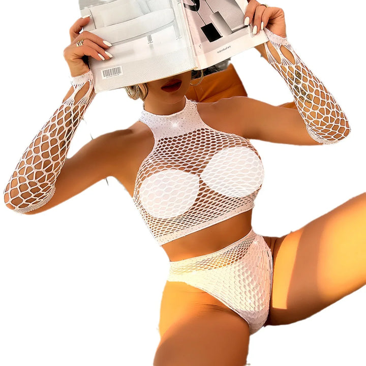 Crystal Rhinestone Body Stocking Lingerie Dress with Gloves Sexy Nightclub Rhinestone Stocking Womens Sexy Lingerie
