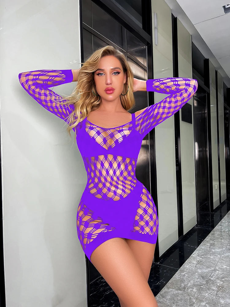 Women Sexy Mesh Lingerie Dress Women Transparent Bodystocking Suspender Off Shoulder Sexy Fishnet Stockings New 2024