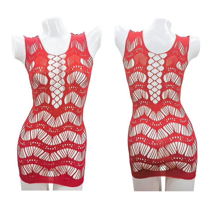 Designer Women Sexy Flexible Fishnet Lingerie V-Neck Rhinestone Babydoll Mesh Chemise Halter Nightwear Mini Dress