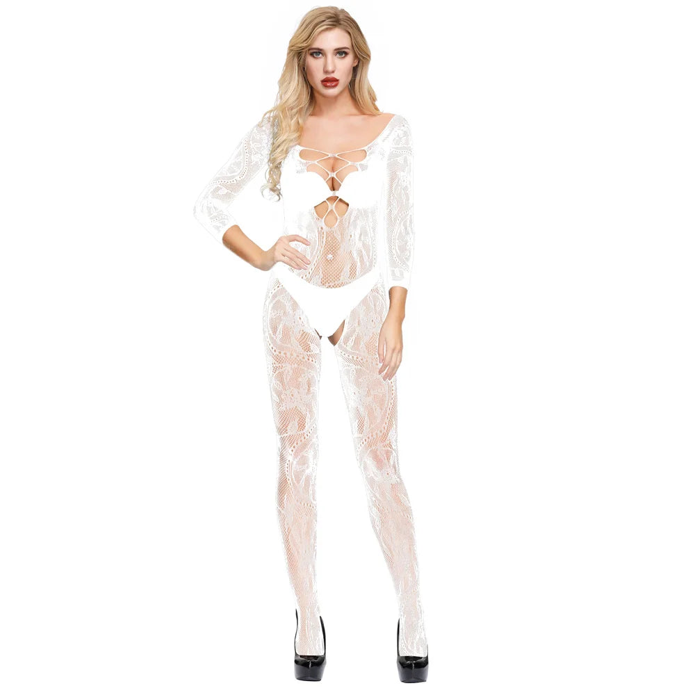 Hollow Out Nylon Hosiery Stockings Full Body Women's Sexy Baby Doll Black Lace Cutout Transparent Bodystocking Femme
