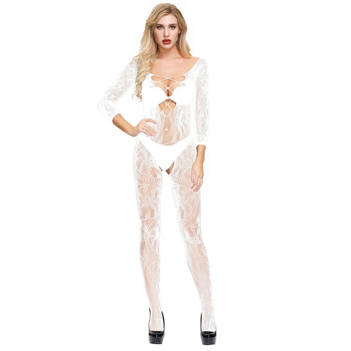 Hollow Out Nylon Hosiery Stockings Full Body Women's Sexy Baby Doll Black Lace Cutout Transparent Bodystocking Femme