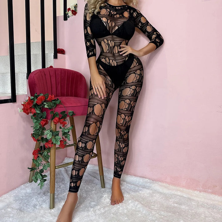 Black Striped Fishnets Bodystocking Women's Plus Size Clothing Sexy Mesh Bodysuit 2024 Femme Lingerie Sexy Stockings