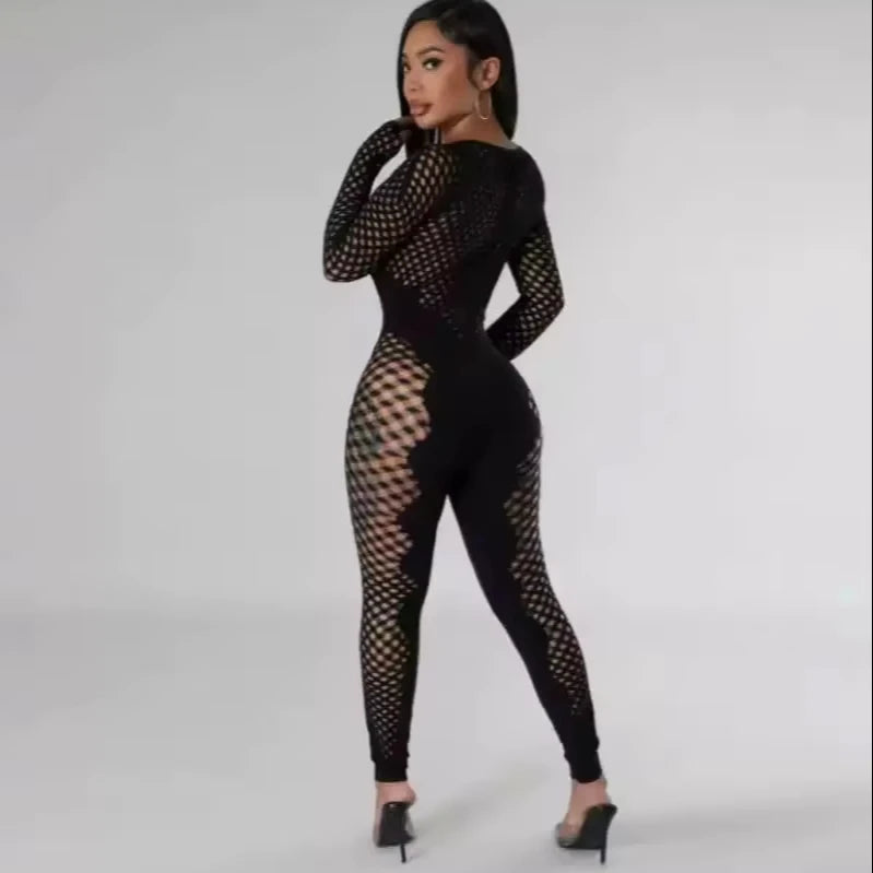 2025 Transparency Women Sexy Jumpsuit Body Ripped Stocking Lingerie Long Sleeve Rompers Stretchy One Piece Jumpsuit