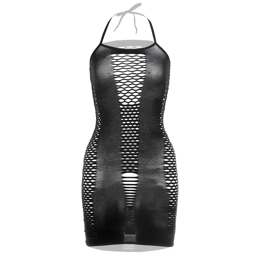 Hollow Out Sexy Halter Fishnet Jumpsuit for Women Sexy See Through Body Stocking Lingerie Dress Sexy Lenjerie Womens