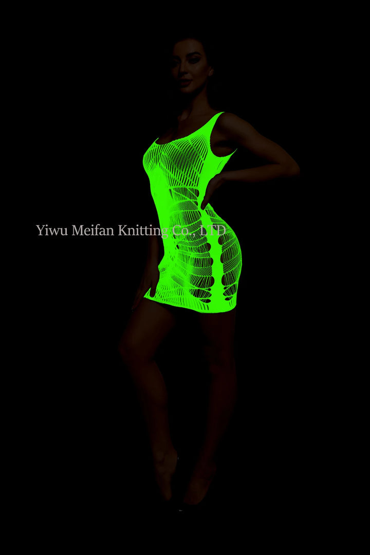 Sexy Nightwear Dress Glow in the Dark Fishnet Stockings Hollow Luminous Glowing High Waist White Fishnet Glowing Party