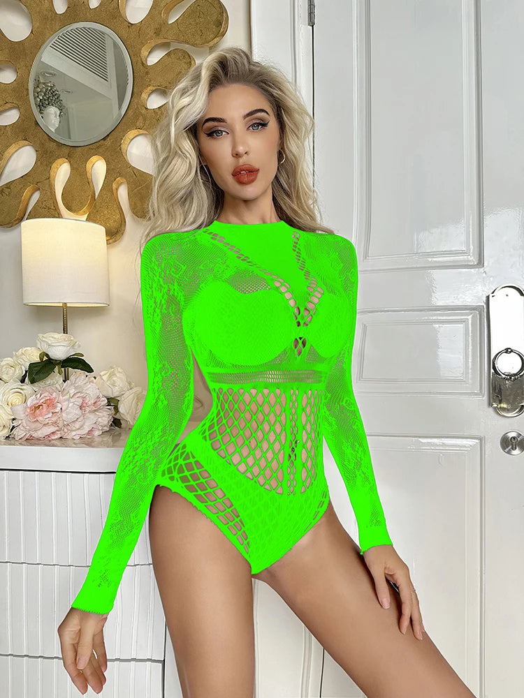 Black Lace Cutout Mesh Sheer Lingerie Femme Sexy Seamless Body Doll Woman Erotic Lingerie Stockings Mesh Sheer Dress