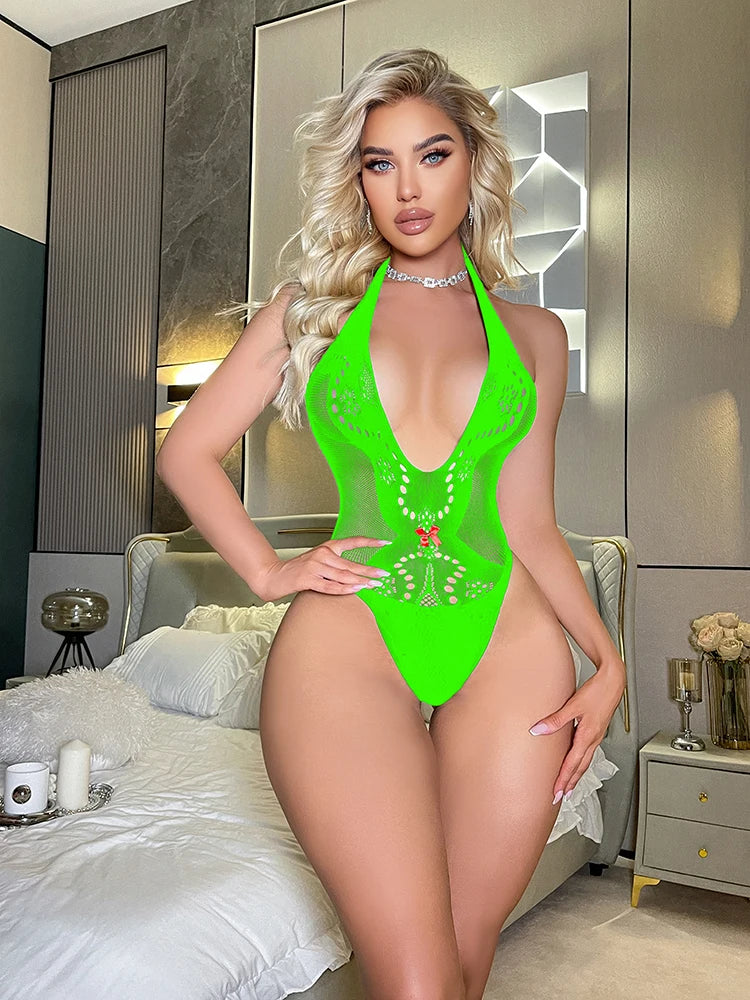 Women's Sexy Summer Exotic Lingerie Jumpsuits Playsuits Transparent Hood Bodysuit Knitted Weaving Method Hollow Pattern W785