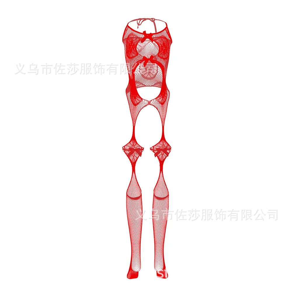 Designer Black Club Party Sexy Pattered With Bow Fishnnet Sexy Lingerie Crotchless Bodysuit One Piece Babydoll One Size