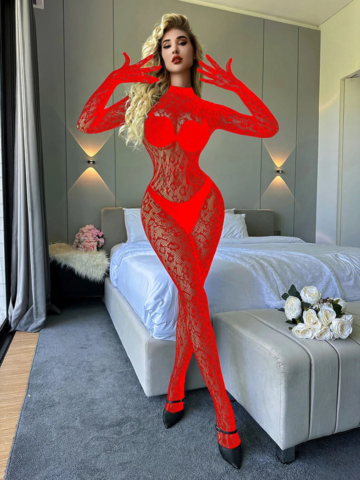 Wholesale New Leopard  Sexy Fishnet Bodystocking  Long Sleeve Bodysuit With Backless Design See Through One Piece Jumpsuit Women