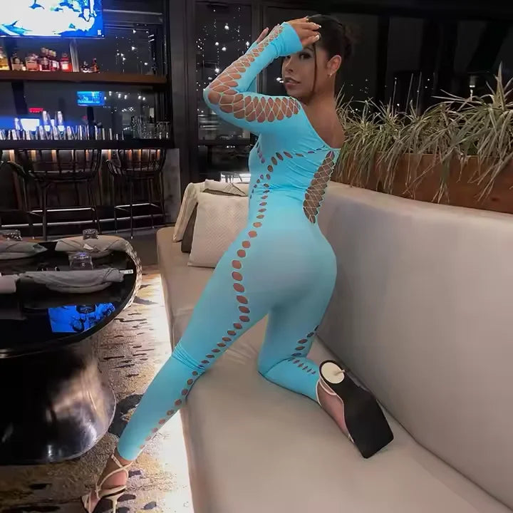 Sexy Mesh Jumpsuits Women Hipster Party Hollow Out Cleavage Full Sleeve Skinny Overalls Female Autumn Midnight Clubwear  K038
