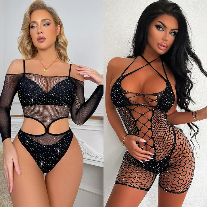 Rhinestone Stockings Full Body Women Sexy Party Night Club Wear Bling Crystal Body Doll Sexy Erotic Lingerie Dress