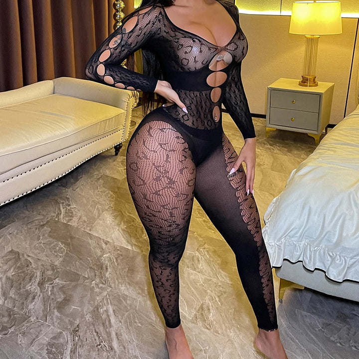 Woman Sexy Plus Size Body Stockings Mesh Sheer Transparent Bodystocking Long Sleeve Bodysuit Fishnet Pantyhose/Tights