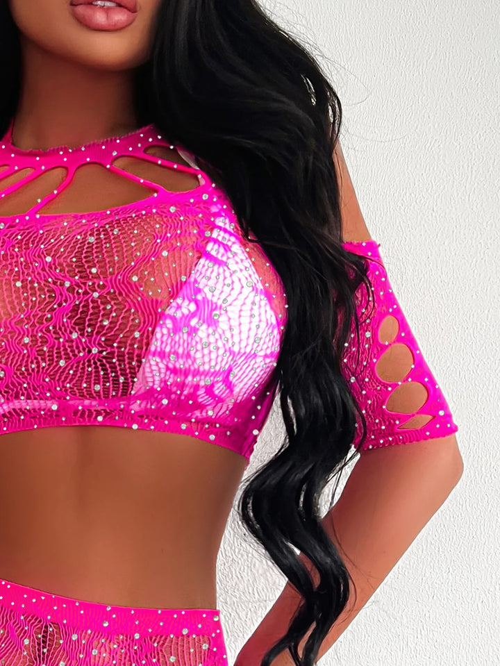 2023 NEW Sexy Mesh Lingerie Mini Dress Women Sexy Bodystocking Rhinestone Shiny Crotchless Body Doll