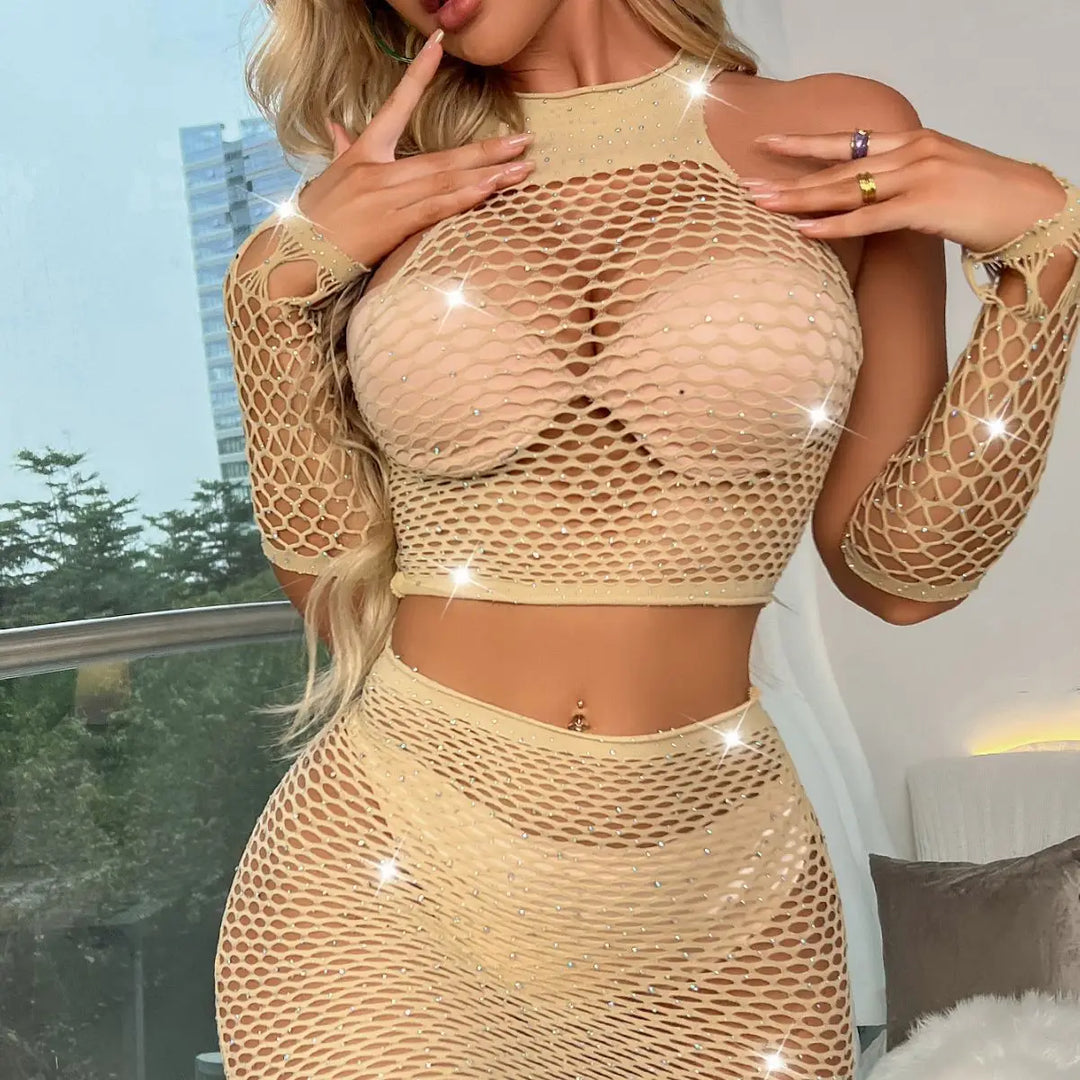 Babydoll Sparkle Lingerie Rhinestone Bling Attractive Bodysuit Ladies Halter Tights Fishnet Bodystocking Lingerie