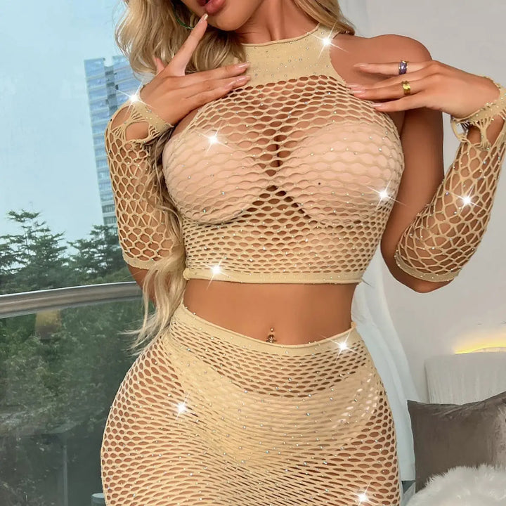 Babydoll Sparkle Lingerie Rhinestone Bling Attractive Bodysuit Ladies Halter Tights Fishnet Bodystocking Lingerie