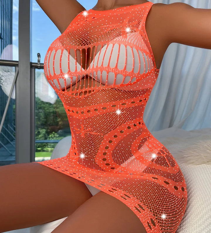 Drilling Shiny Mesh Clothing Erotic Lingerie Cross-Border Fishnet Rhinestones Bodysuit Sparkle Black Mature Bodystocking