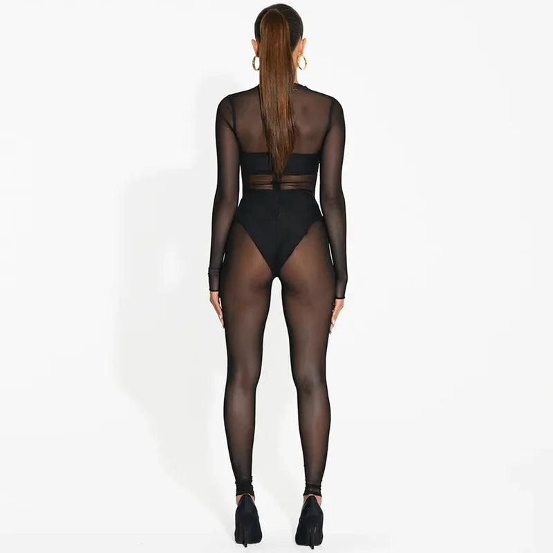 2024 New Trendy Women Bodysuits Stretch Black Mesh One Piece Playsuits Ladies Mesh Fashion Sexy See Through Rompers for Women