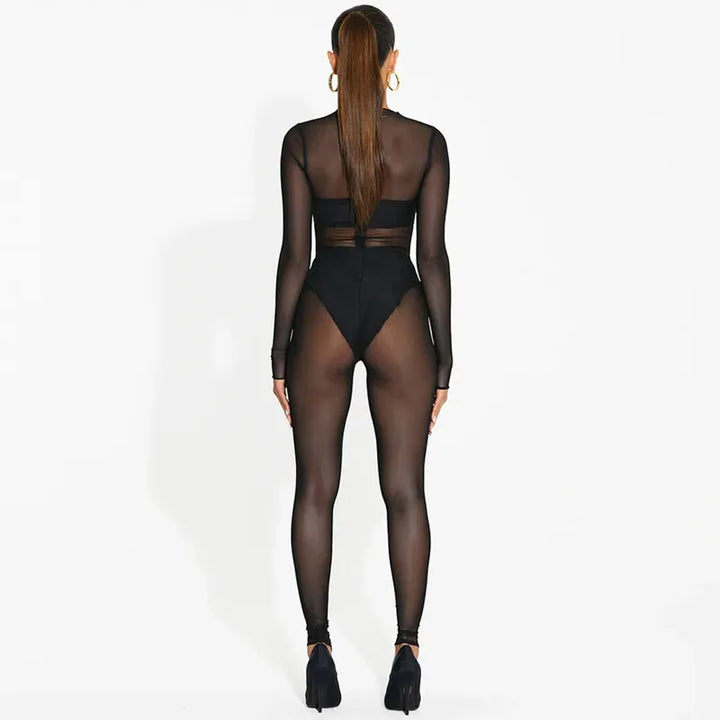 2024 New Trendy Women Bodysuits Stretch Black Mesh One Piece Playsuits Ladies Mesh Fashion Sexy See Through Rompers for Women