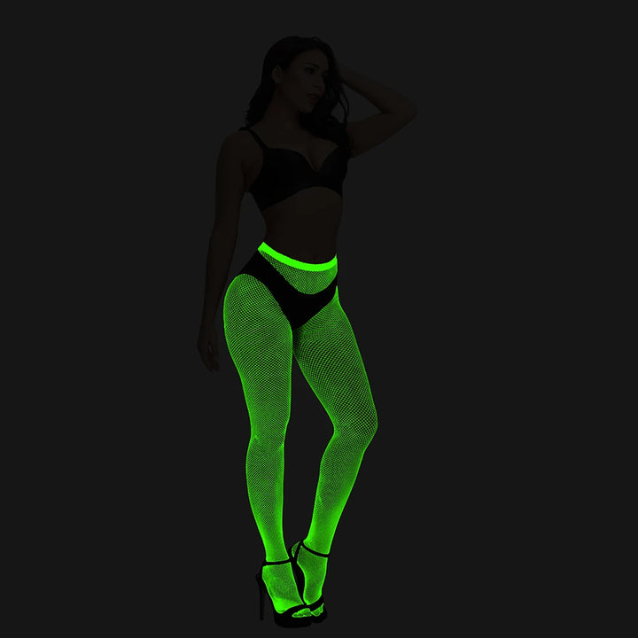 Sexy Nightwear Dress Glow in the Dark Fishnet Stockings Hollow Luminous Glowing High Waist White Fishnet Glowing Party