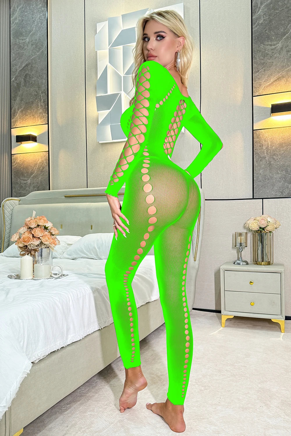 Sexy Mesh Jumpsuits Women Hipster Party Hollow Out Cleavage Full Sleeve Skinny Overalls Female Autumn Midnight Clubwear  K038