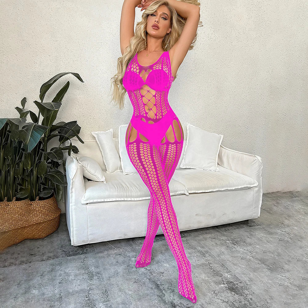 Women Nylon Sexy Lingerie Floral See Through Open Crotch Body Stocking One-piece Fishnet Bodysuit Teddy Underwear