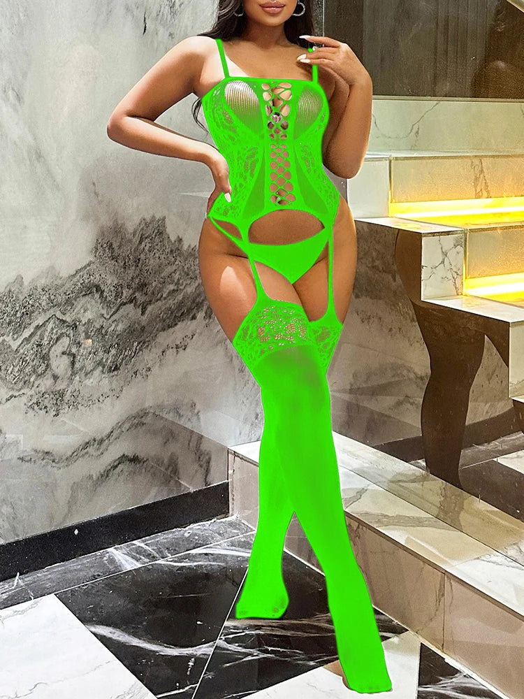 Sexy Fashion Lingerie Semi-Sheer Halter Garter Dress With Thigh High Stockings Nightwear Bodysuit Women's Clothing