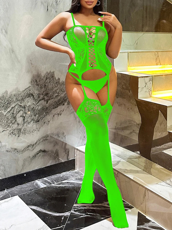 Sexy Fashion Lingerie Semi-Sheer Halter Garter Dress With Thigh High Stockings Nightwear Bodysuit Women's Clothing