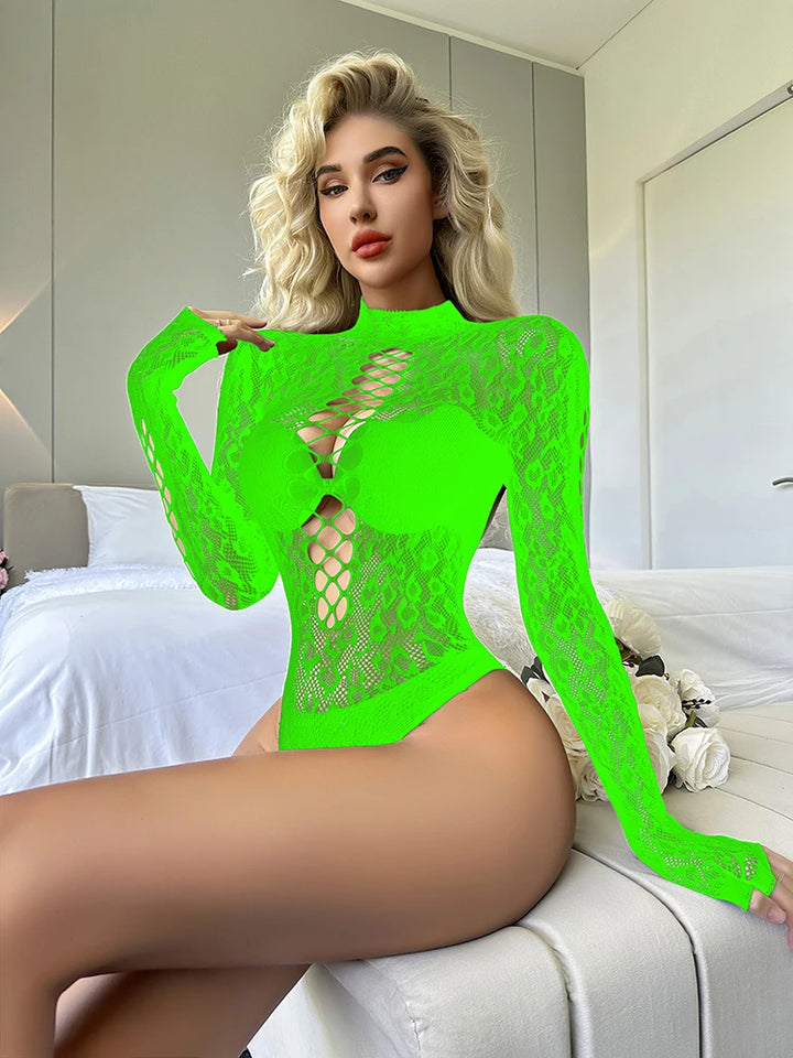 Hot Leopard Bodystocking Women Sexy Lingerie Mesh Sheer Erotic Dancewear Lingerie Fishnet Long Sleeve Bikini Stockings
