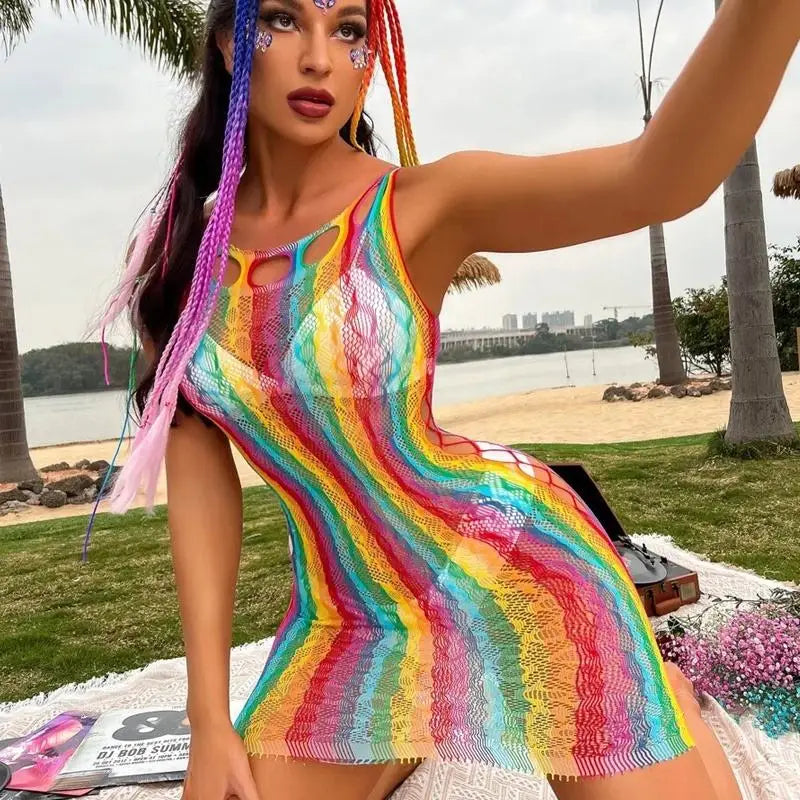 Lingerie Manufacturer  Rainbow Fishnet Women's Underwear Wholesale Bodysuits Exotic Costumes Bodystocking Transparent