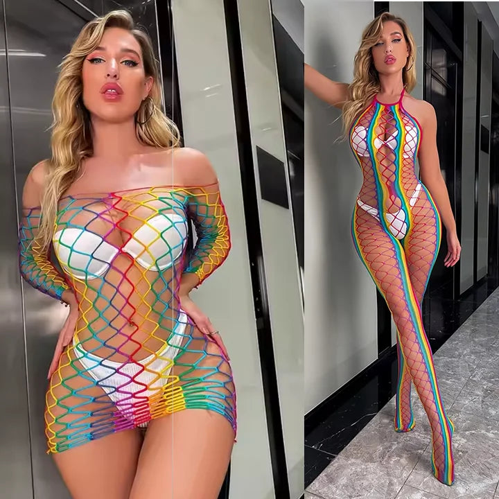 2023 Hot Rainbow Color Bodystocking Women Sexy Lingerie Fishnets Summer Vacation Outfit Hollow Sheer Stockings