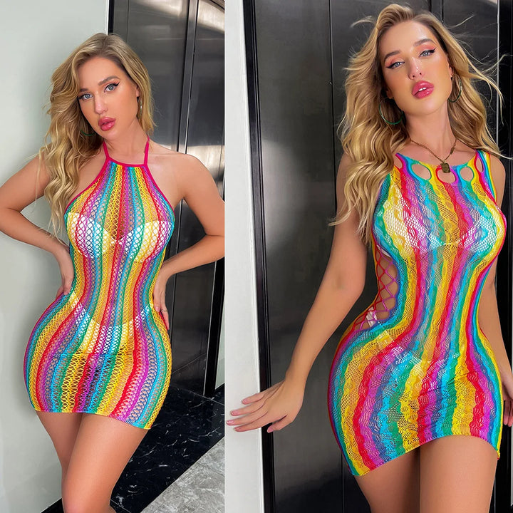 Women Erotic Lingerie Hollow Out Fishnet Lingerie Mesh Babydoll Christmas Color Stripper Outfits Body Dress Outfit