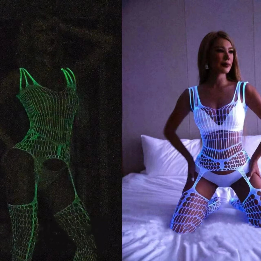Sexy Nightwear Dress Glow in the Dark Fishnet Stockings Hollow Luminous Glowing High Waist White Fishnet Glowing Party