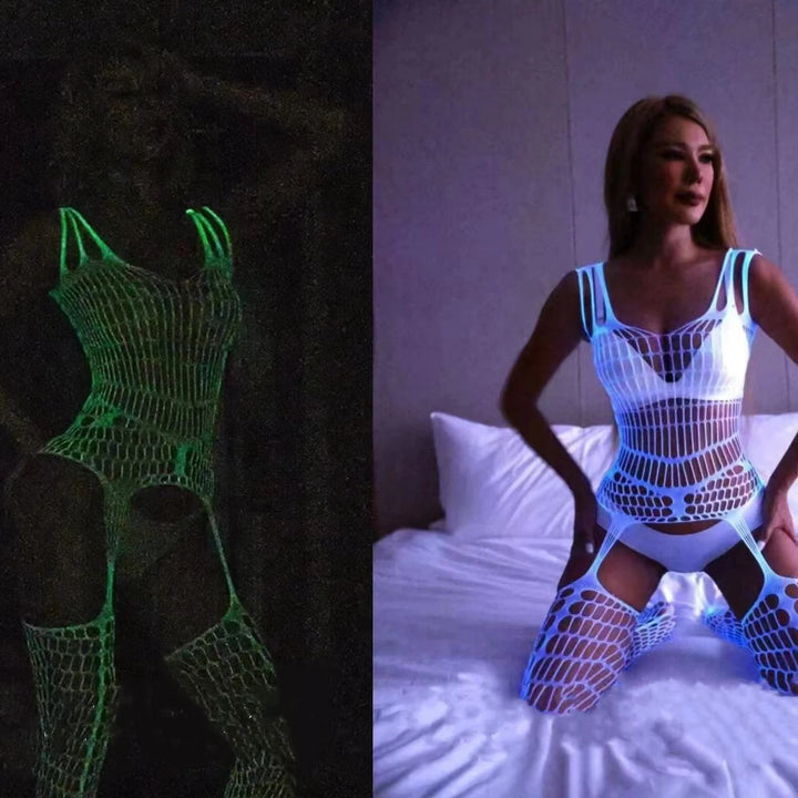 Sexy Nightwear Dress Glow in the Dark Fishnet Stockings Hollow Luminous Glowing High Waist White Fishnet Glowing Party