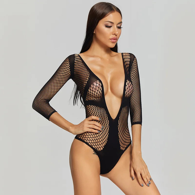2023 Ins Fashion Stretch One Piece Open Bra Teddies Bodysuits Body Stocking Hollow Out Mesh Fishnet Lingerie Bodysuit