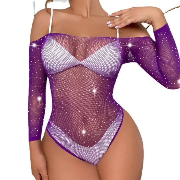 Plus Size Women Sexy Mesh Lingerie Fishnets Sheer See Through Erotic Bodycon Glitter Rhinestone Shinny Tz470