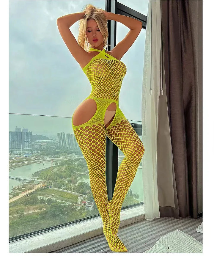 Four Sides Crotch Hosiery Stockings Sexy Cutout Babydoll Women's Mesh Lingerie Bodysuit Fishnets Women's Bodystocking W291