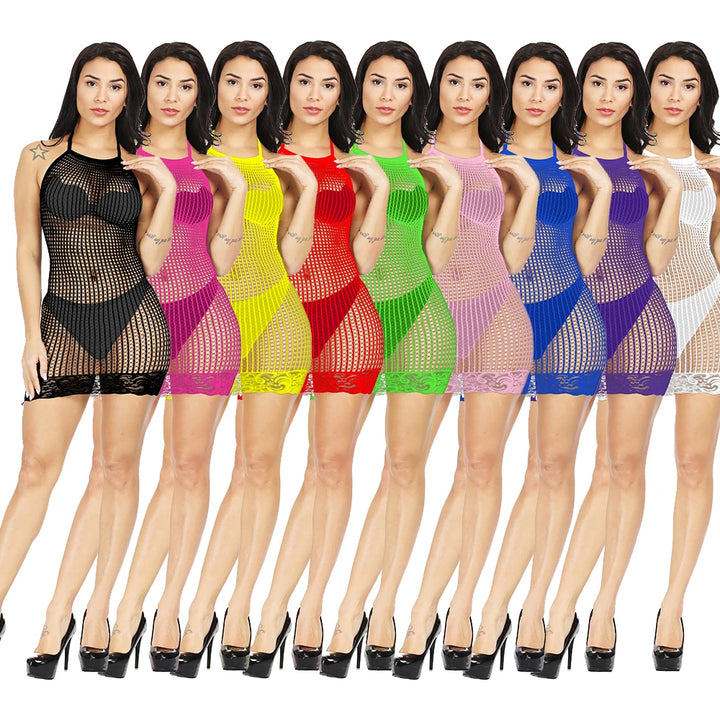 Hot Sales Hollow Out Dress Black Lace Hem Bodysuit Sheer Lingerie Femme Sexy Crotchless Bodystocking Fishnet Dress