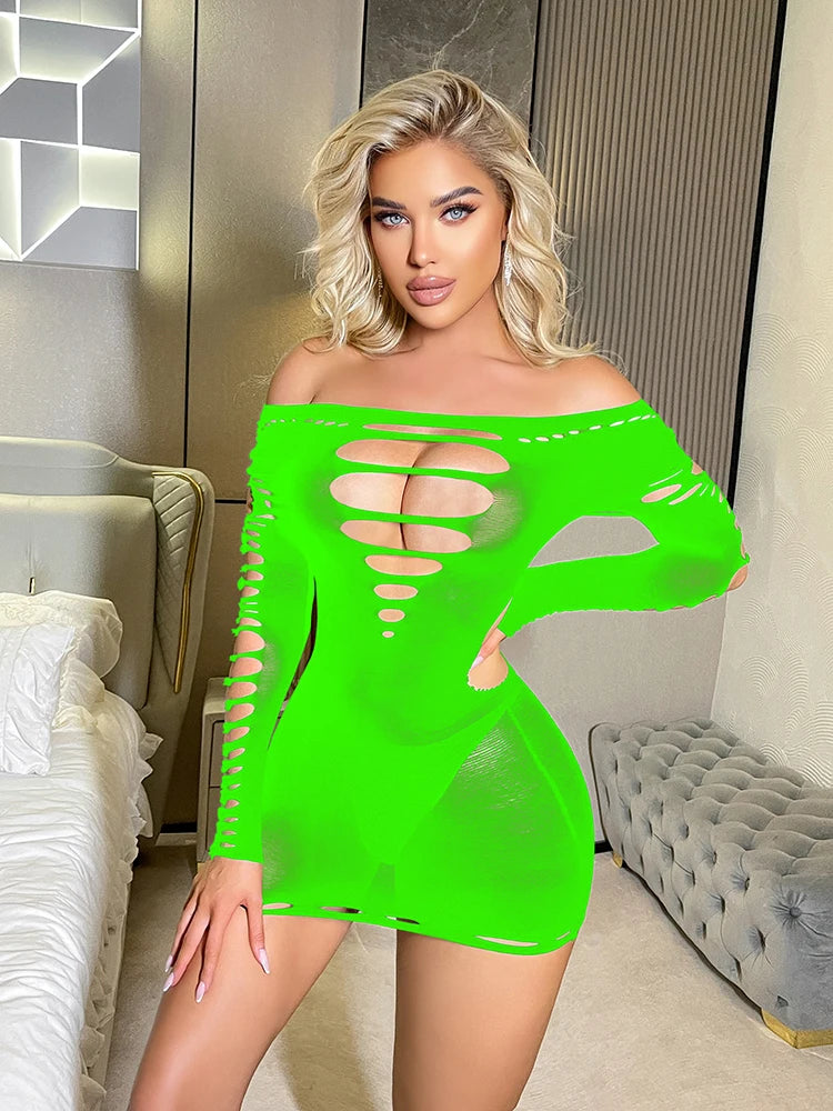 New Women's Sexy Mesh Transparent Bodycon Mini Dress Ladies Elasticity Lingerie Costumes Hollow Out Bodysuit Lingerie