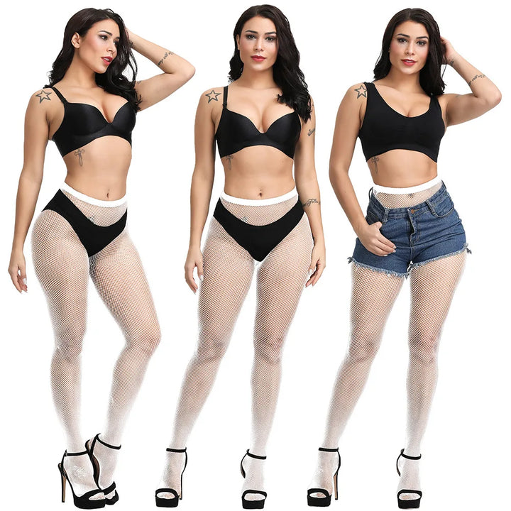 Hot Selling High Waist Fishnets Tights 2024 Femme Lingerie Sexy Crotchless Glitter Stockings Fashion Pantyhose White